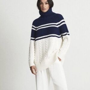 Reiss Scarlett Color Block Chunky Cable Knit Turtleneck Sweater Navy Small